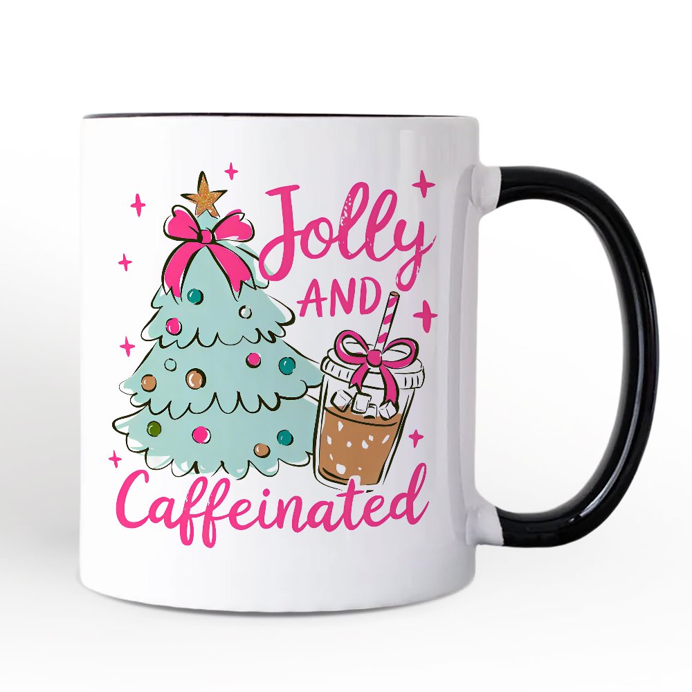 Jolly and Caffeinated Christmas Personalized Mug, Retro Coquette Coffee Holiday Gift with Custom Name Personalized Ceramic Mug OrnamentallyYou White - Black Non-Custom 