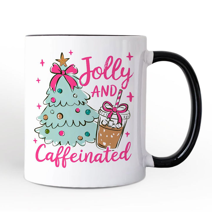 Jolly and Caffeinated Christmas Personalized Mug, Retro Coquette Coffee Holiday Gift with Custom Name Personalized Ceramic Mug OrnamentallyYou White - Black Non-Custom 