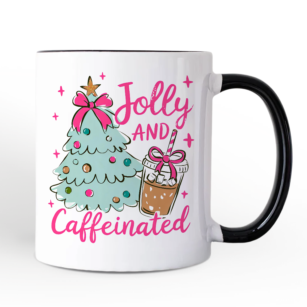Jolly and Caffeinated Christmas Personalized Mug, Retro Coquette Coffee Holiday Gift with Custom Name