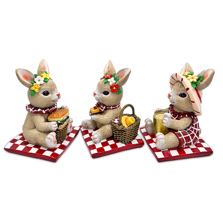 Joyful Picnic Gathering Bunny Trio Set of Three Figurines, Spring Rabbit Statue 4.5" Decor