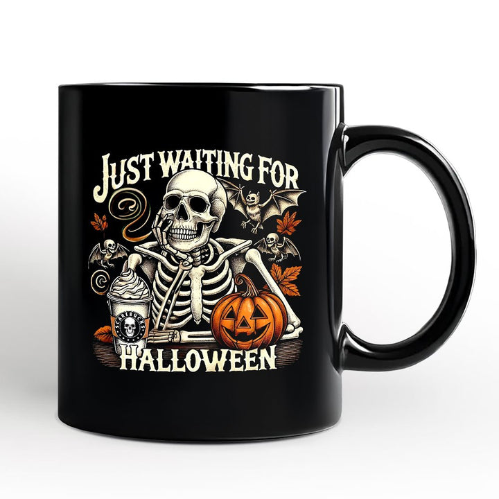 Just Waiting for Halloween Personalized Mug, Spooky Skeleton Gift with Custom Name Personalized Ceramic Mug OrnamentallyYou Black Non-Custom 