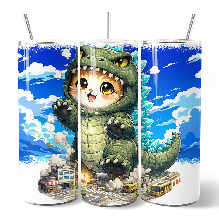 Kawaii Cat Kaiju City Destroyer 20oz Personalized Tumbler With Lid and Stainless Steel Straw, Japanese Anime Gift Cup