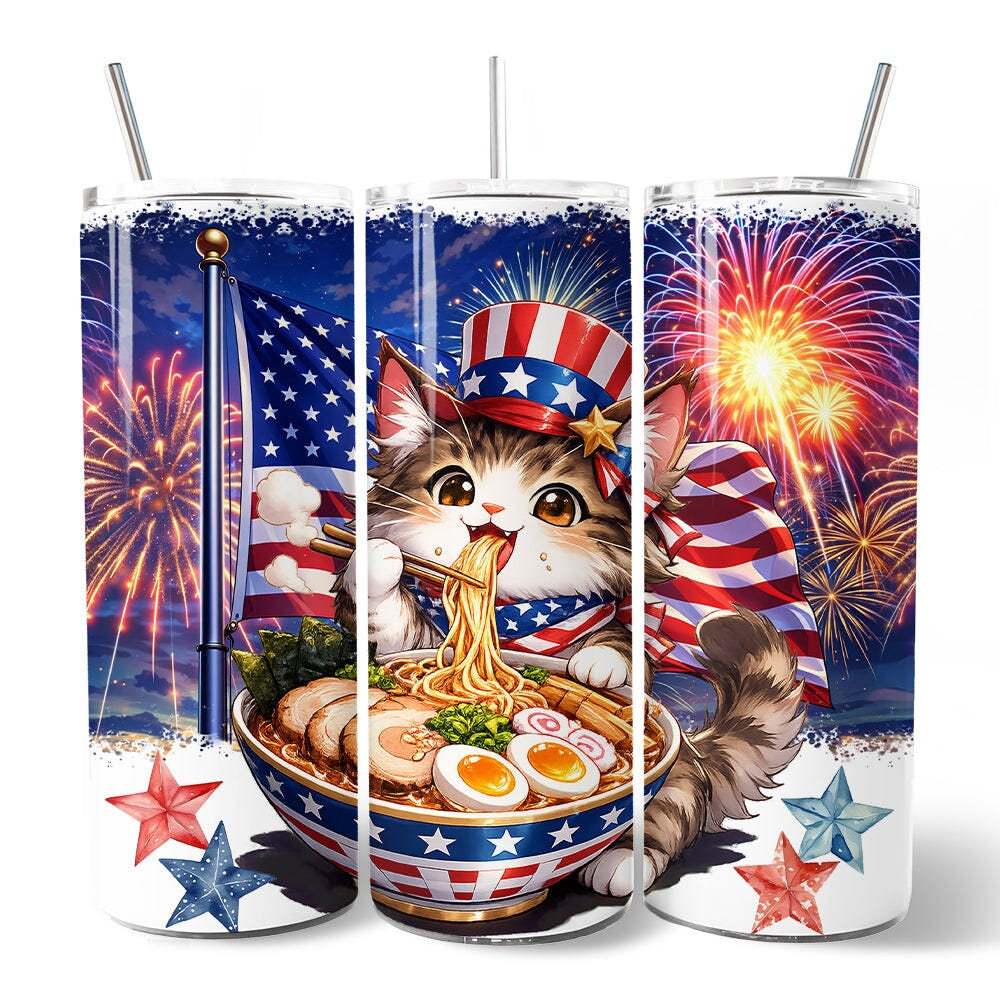 Kawaii Patriotic Ramen Maine Coon Cat 20oz Personalized Tumbler With Lid and Stainless Steel Straw, Japanese Anime Gift Cup Tumbler OrnamentallyYou 