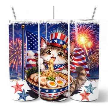 Kawaii Patriotic Ramen Maine Coon Cat 20oz Personalized Tumbler With Lid and Stainless Steel Straw, Japanese Anime Gift Cup Tumbler OrnamentallyYou 