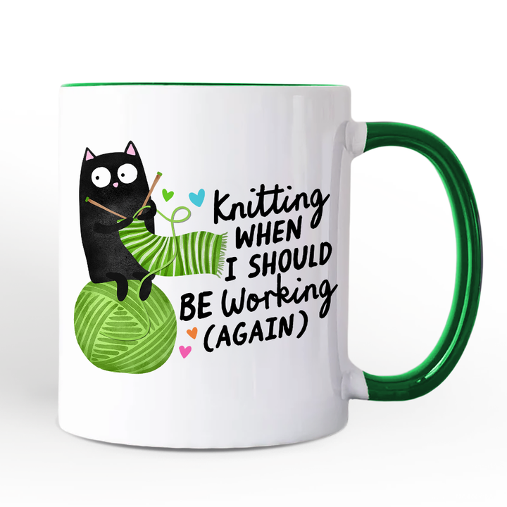 Knitting Black Cat Cute Personalized Mug, Funny Working Crafter Animal Gift with Custom Name