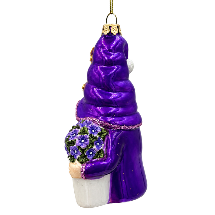 (PRE-ORDER) Lavender Gnome with Flowers and Butterflies Glass Christmas Ornament, Purple Garden Floral Tree Decor