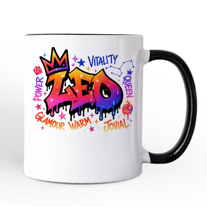 Leo Graffiti Zodiac Personalized Mug, Street Style Astrology Horoscope Gift with Custom Name Personalized Ceramic Mug OrnamentallyYou Black Handle Non-Custom 