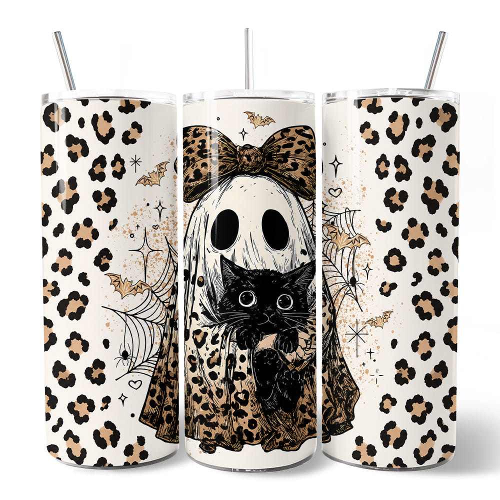 Leopard Ghost With Black Cat 20oz Personalized Tumbler With Lid and Stainless Steel Straw, Coquette Halloween Gift Cup