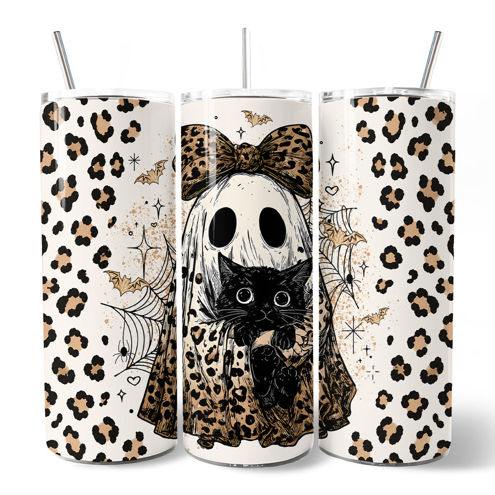Leopard Ghost With Black Cat 20oz Personalized Tumbler With Lid and Stainless Steel Straw, Coquette Halloween Gift Cup