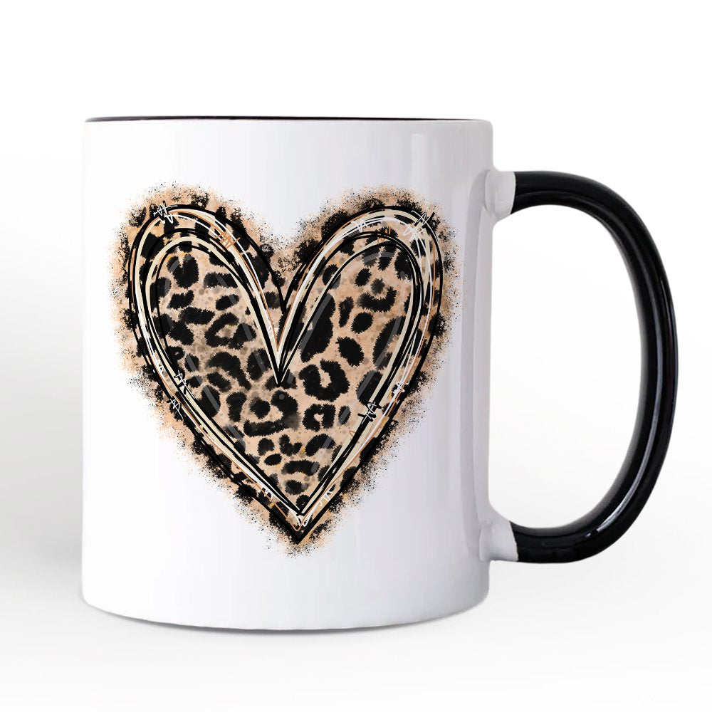Leopard Heart Valentine Personalized Mug, Watercolor Love Gift with Custom Name Personalized Ceramic Mug OrnamentallyYou Black Handle Non-Custom 