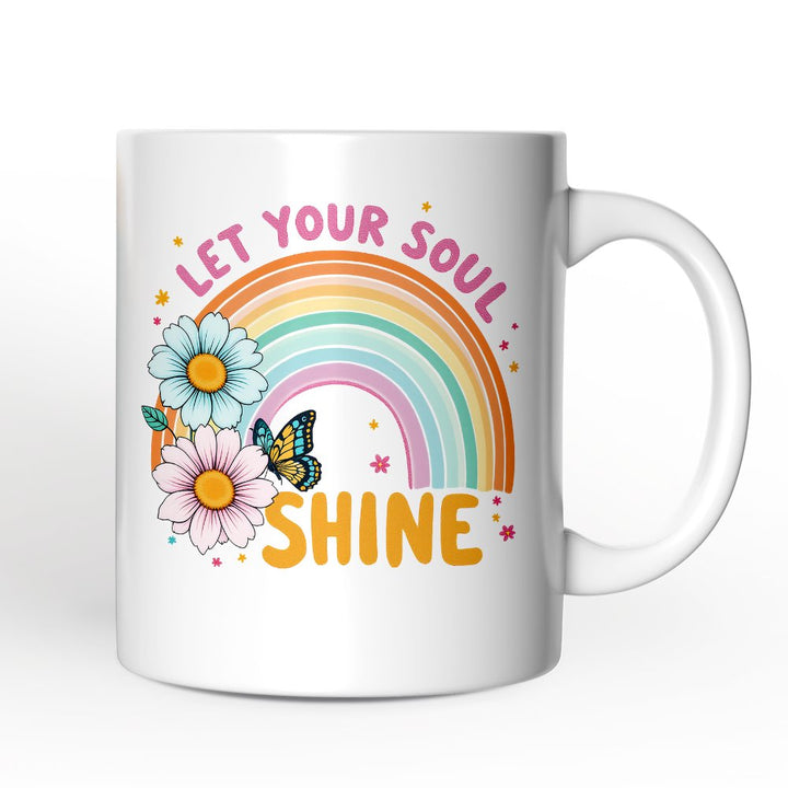 Let Your Soul Shine Rainbow Personalized Mug, Retro Pastel Floral Feel Good Gift with Custom Name Personalized Ceramic Mug OrnamentallyYou White Non-Custom 