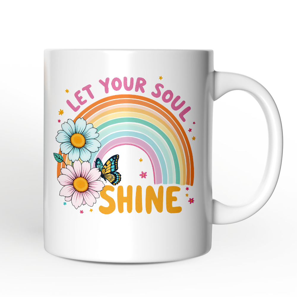 Let Your Soul Shine Rainbow Personalized Mug, Retro Pastel Floral Feel Good Gift with Custom Name