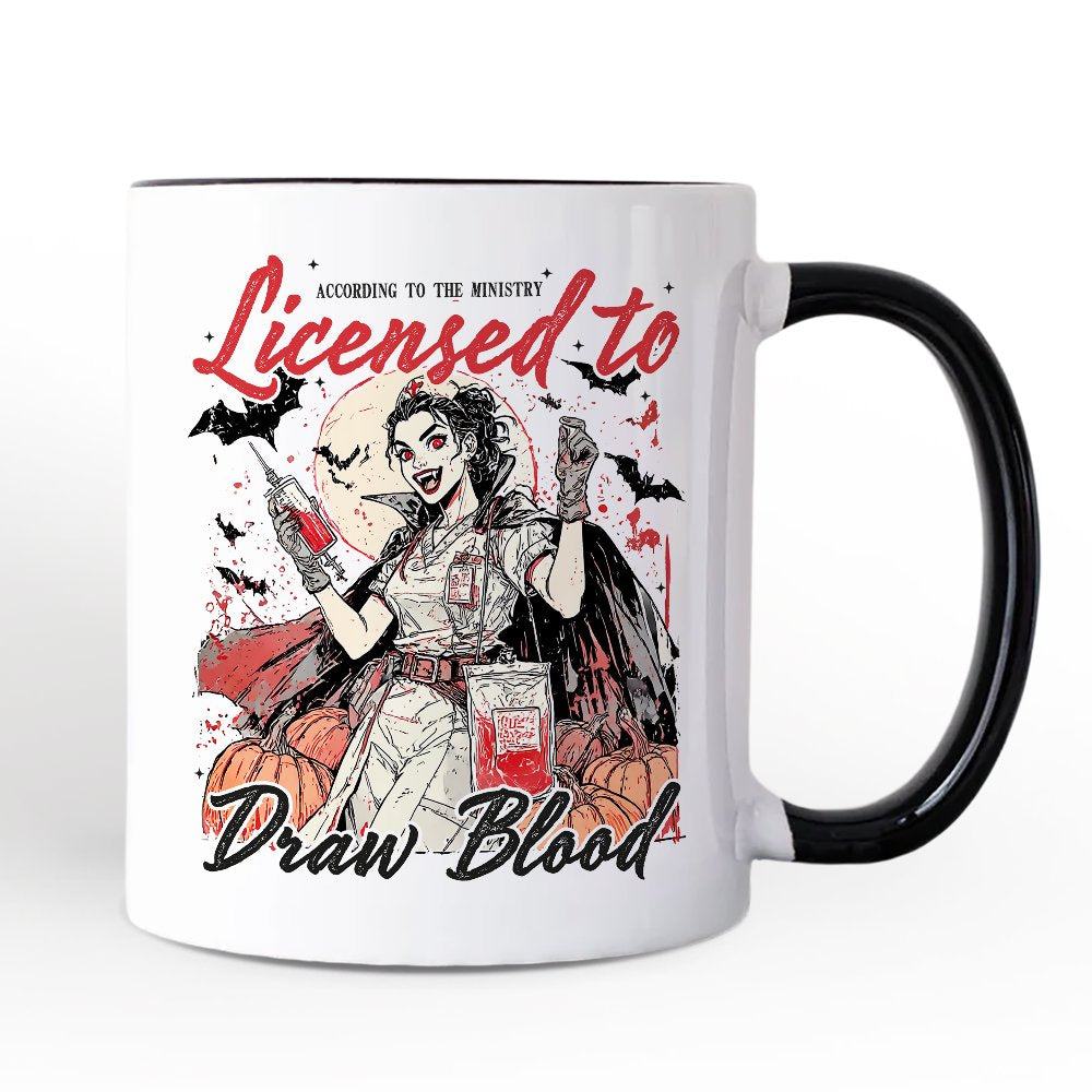 Licensed to Draw Blood Halloween Nurse Personalized Mug, Groovy Gift with Custom Name for Spooky Season Personalized Ceramic Mug OrnamentallyYou White - Black Non-Custom 