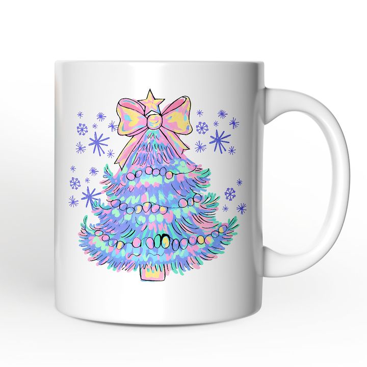 Light Blue Christmas Tree Bow Personalized Mug, Coquette Colorful Holiday Gift with Custom Name