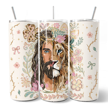Lion of Judah Christian 20oz Personalized Tumbler With Lid and Stainless Steel Straw, Floral Jesus Religious Faith Gift Cup