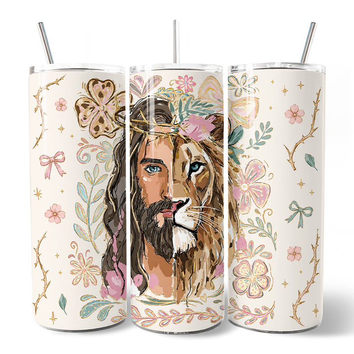 Lion of Judah Christian 20oz Personalized Tumbler With Lid and Stainless Steel Straw, Floral Jesus Religious Faith Gift Cup