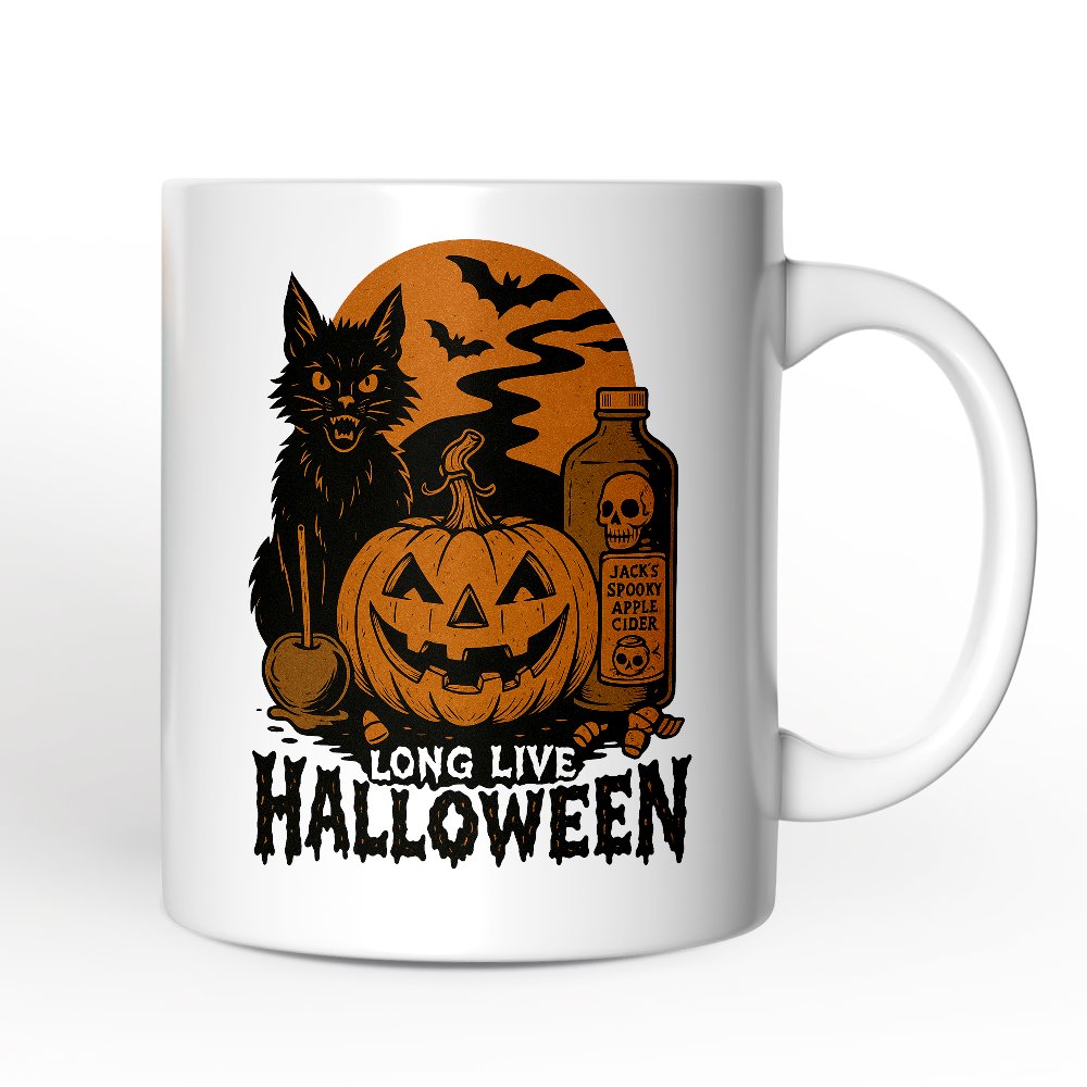 Long Live Halloween Personalized Mug, Retro Black Cat Pumpkin Gift with Custom Name Personalized Ceramic Mug OrnamentallyYou White Non-Custom 