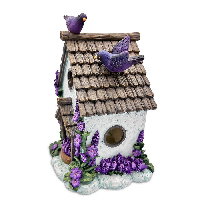 Lovely Floral Lavender Bird House Figurine, 7" Novelty Cottage Garden Decor