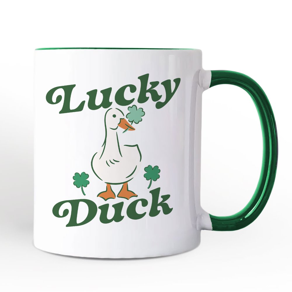 Lucky Duck St Patrick’s Day Shamrock Personalized Mug, Cute Clover Gift with Custom Name Personalized Ceramic Mug OrnamentallyYou White - Green Non-Custom 