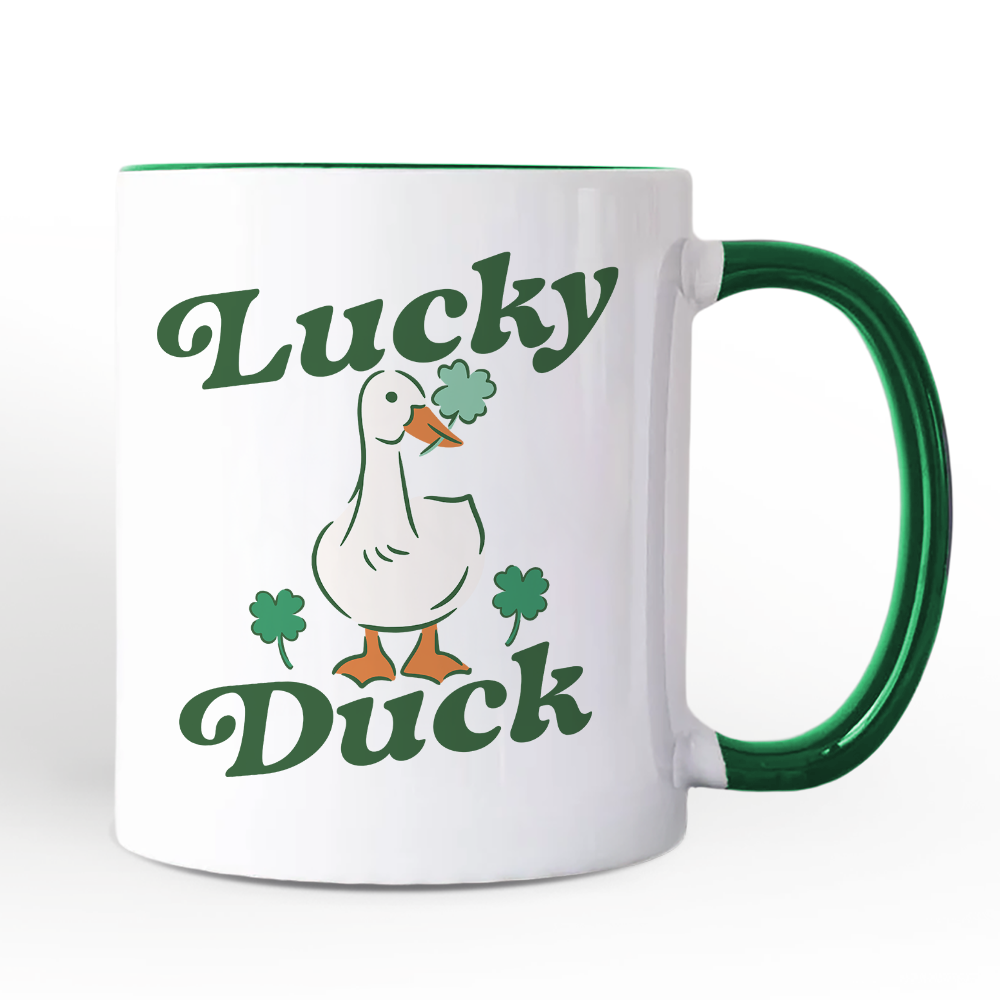 Lucky Duck St Patrick’s Day Shamrock Personalized Mug, Cute Clover Gift with Custom Name