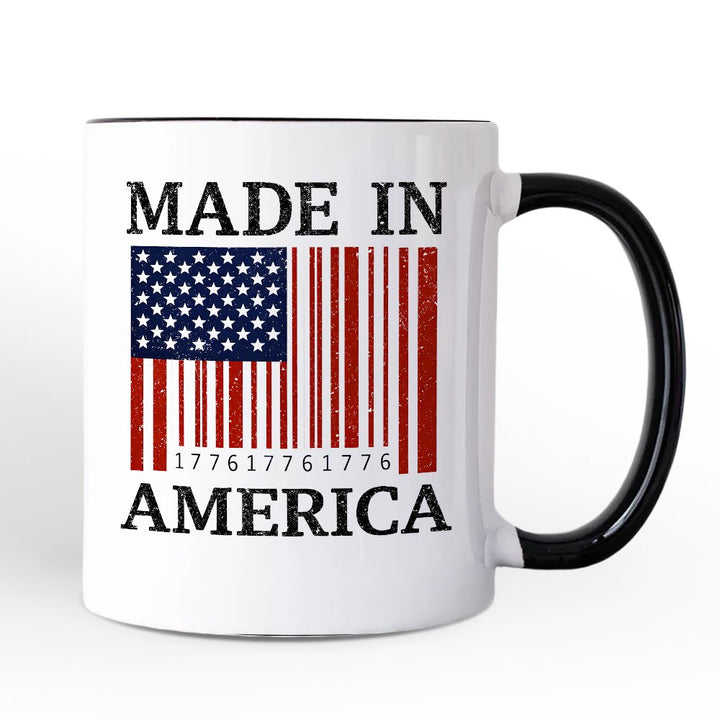 Made In America Bar Code Flag Personalized Mug, Patriotic 1776 USA 250th Anniversary Gift with Custom Name Personalized Ceramic Mug OrnamentallyYou Black Handle Non-Custom 