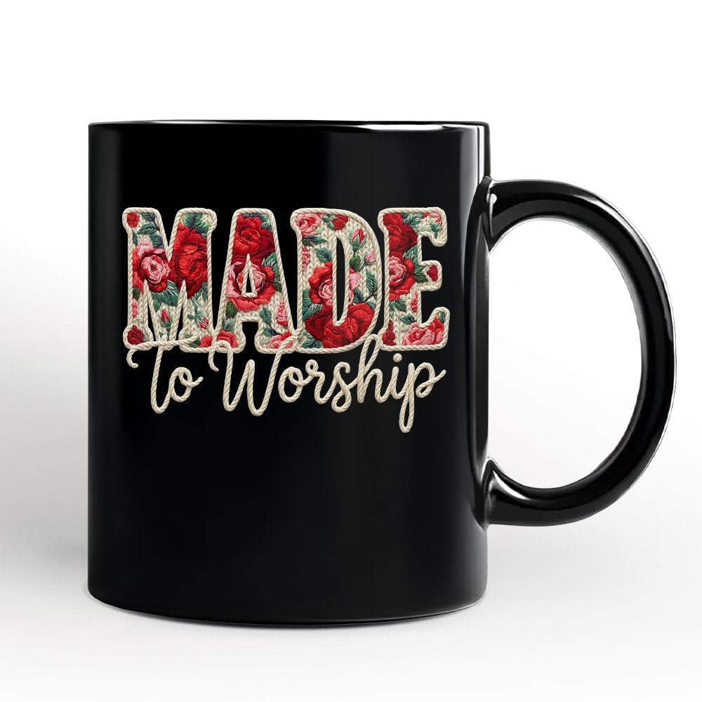 Made to Worship Printed Faux Yarn Crochet Christian Personalized Mug, Floral Retro Faith Gift with Custom Name Personalized Ceramic Mug OrnamentallyYou Black Non-Custom 