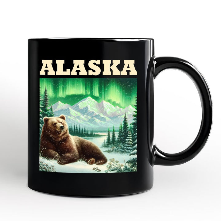 Majestic Alaska State Wilderness Vintage Personalized Mug, Northern Lights Grizzly Bear Gift and Nature Souvenir with Custom Name Personalized Ceramic Mug OrnamentallyYou Black Non-Custom 