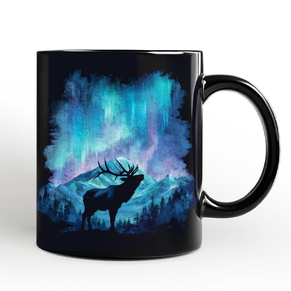 Majestic Aurora Elk Personalized Mug, Northern Lights Wilderness Stag Gift with Custom Name Personalized Ceramic Mug OrnamentallyYou Black Non-Custom 