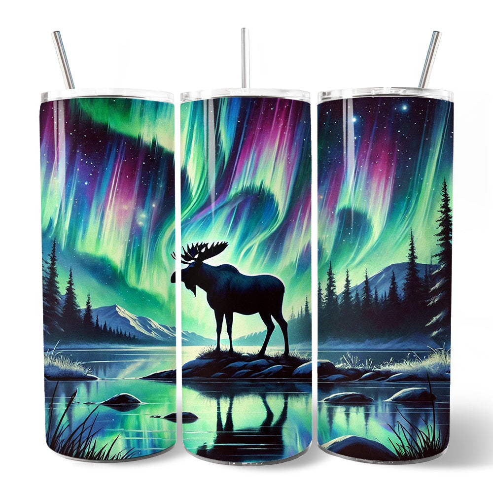 Majestic Moose Under Northern Lights 20oz Personalized Tumbler With Lid and Stainless Steel Straw, Enchanted Christmas Gift Cup Tumbler OrnamentallyYou 