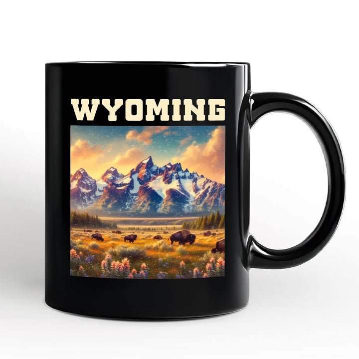 Majestic Wyoming State Prairie Personalized Mug, Grand Teton Bison Gift and Western Landscape Souvenir with Custom Name Personalized Ceramic Mug OrnamentallyYou Black Non-Custom 