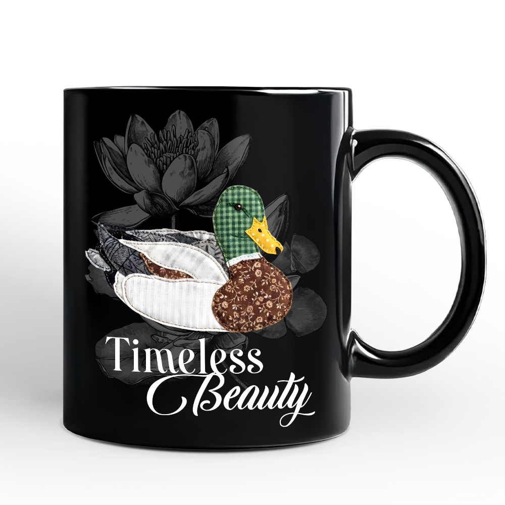 Mallard Duck Printed Faux Patchwork Personalized Mug, Hunting Wife Outdoors Gift with Custom Name
