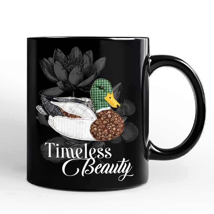 Mallard Duck Printed Faux Patchwork Personalized Mug, Hunting Wife Outdoors Gift with Custom Name