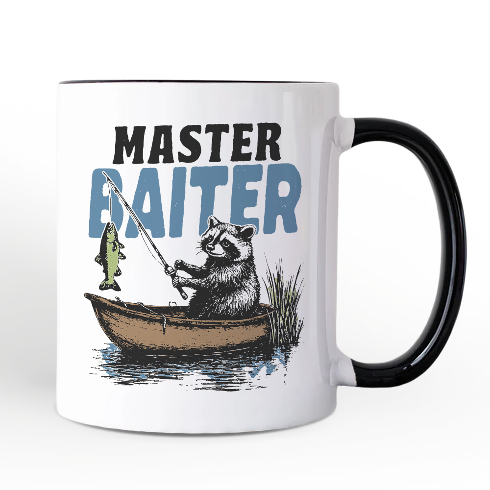 Master Baiter Fishing Personalized Mug, Funny Raccoon Father Vintage Gift with Custom Name