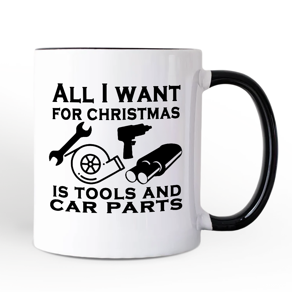 Mechanic Tools & Car Parts Christmas Personalized Mug, All I Want for Christmas Garage Quote Gift with Custom Name