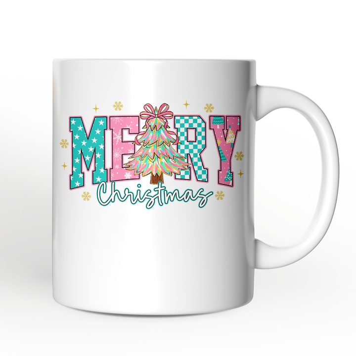 Merry Christmas Coquette Tree Personalized Mug, Preppy Retro Holiday Gift with Custom Name