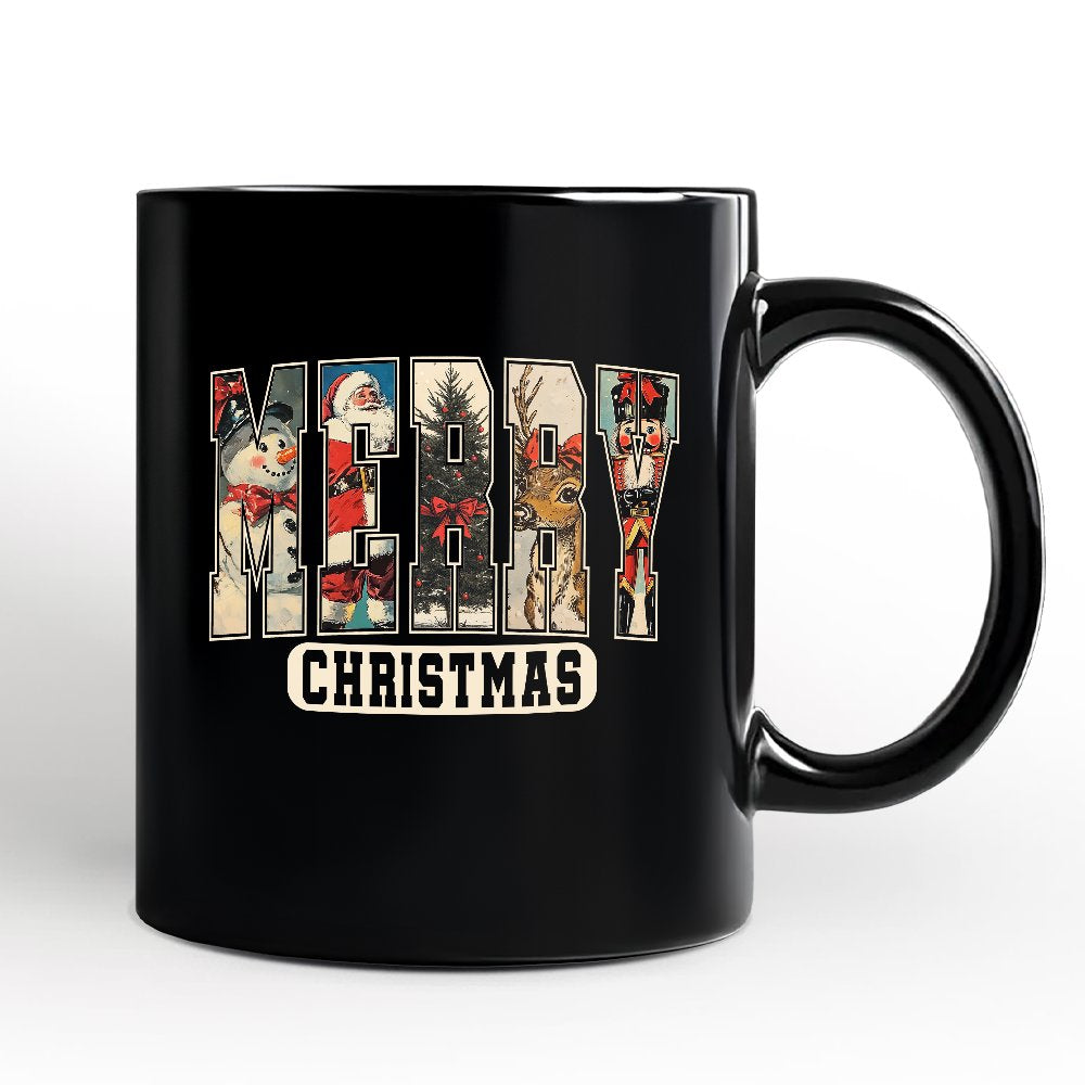 Merry Christmas Vintage Personalized Mug, Santa Tree Reindeer Snowman Nutcracker Gift with Custom Name Personalized Ceramic Mug OrnamentallyYou Black Non-Custom 