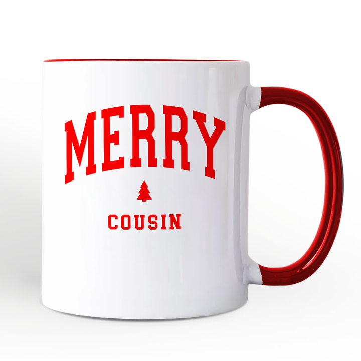Merry Cousin Retro Christmas Personalized Mug, Matching Family Holiday Gift with Custom Name