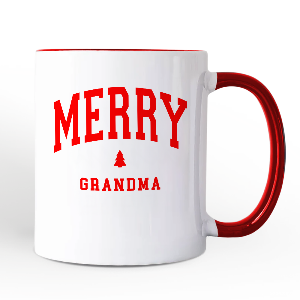 Merry Grandma Retro Christmas Personalized Mug, Matching Family Holiday Gift with Custom Name