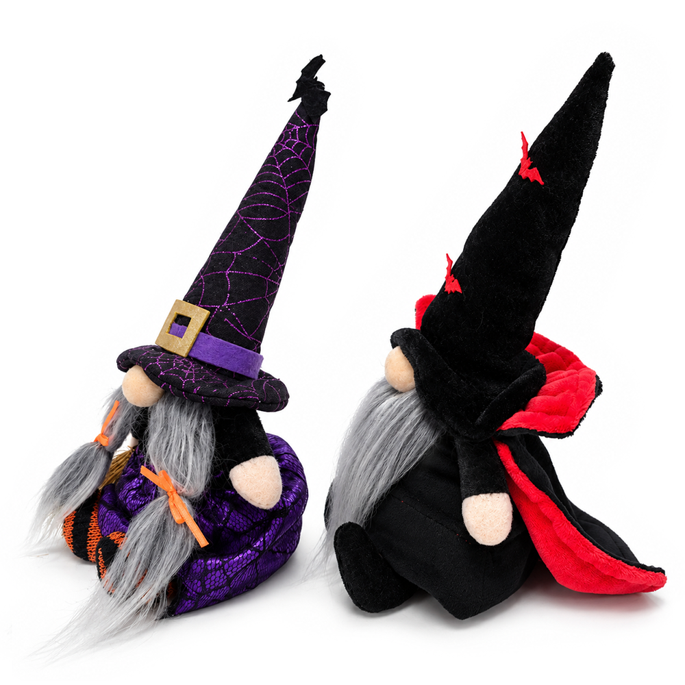 Midnight Magic Plush Gnome Set of 2, Gothic Witch and Vampire 10" Halloween Decor