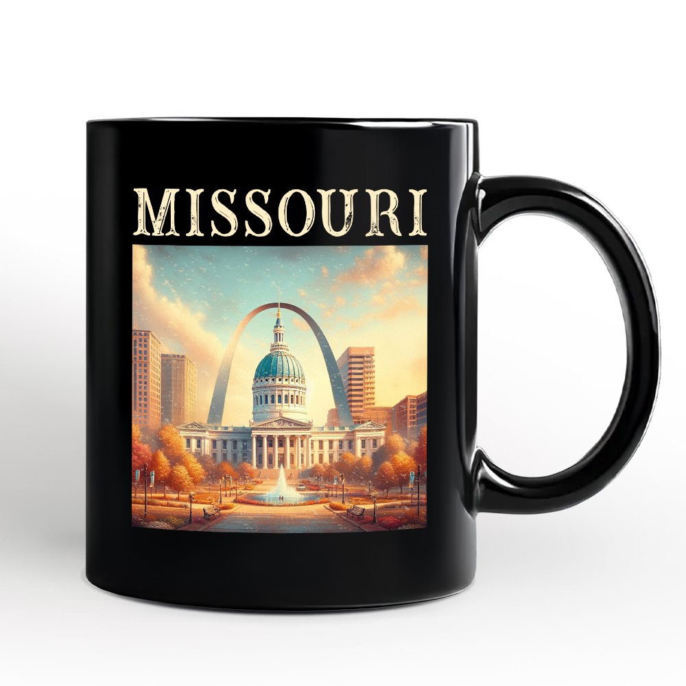 Missouri State Gateway Arch and Courthouse Personalized Mug, Iconic St. Louis Landmarks Gift and Travel Souvenir with Custom Name Personalized Ceramic Mug OrnamentallyYou Black Non-Custom 