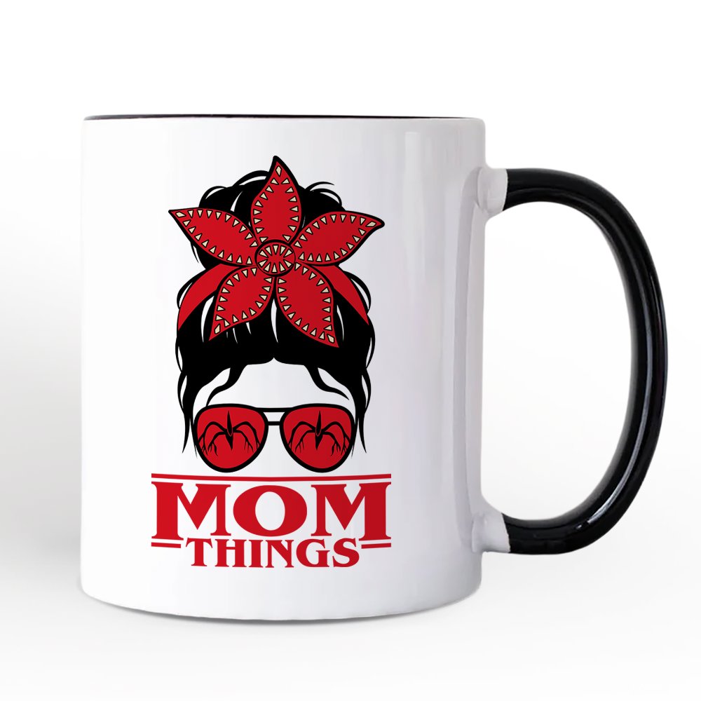 Mom Things Messy Bun Retro Personalized Mug, Red Bandana Glasses Family Matching Gift with Custom Name Personalized Ceramic Mug OrnamentallyYou Black Handle Non-Custom 