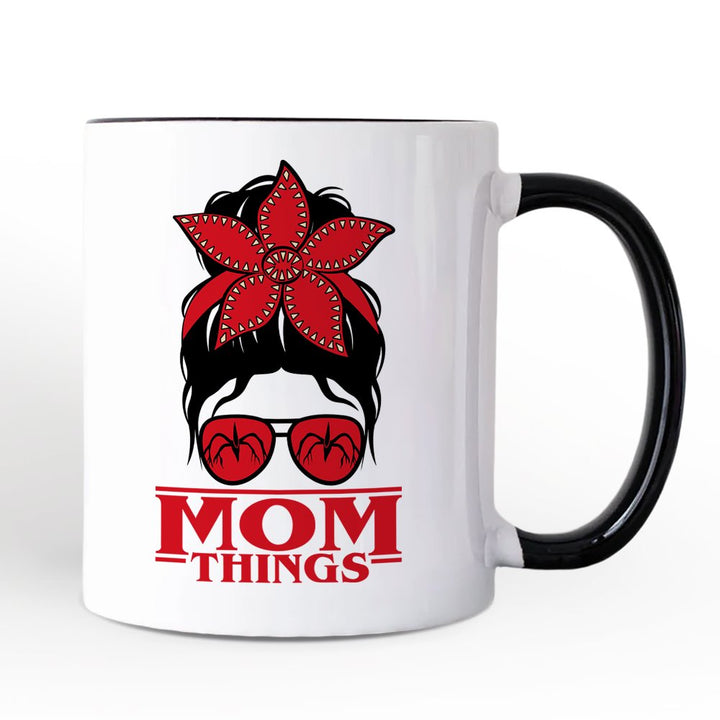 Mom Things Messy Bun Retro Personalized Mug, Red Bandana Glasses Family Matching Gift with Custom Name Personalized Ceramic Mug OrnamentallyYou Black Handle Non-Custom 