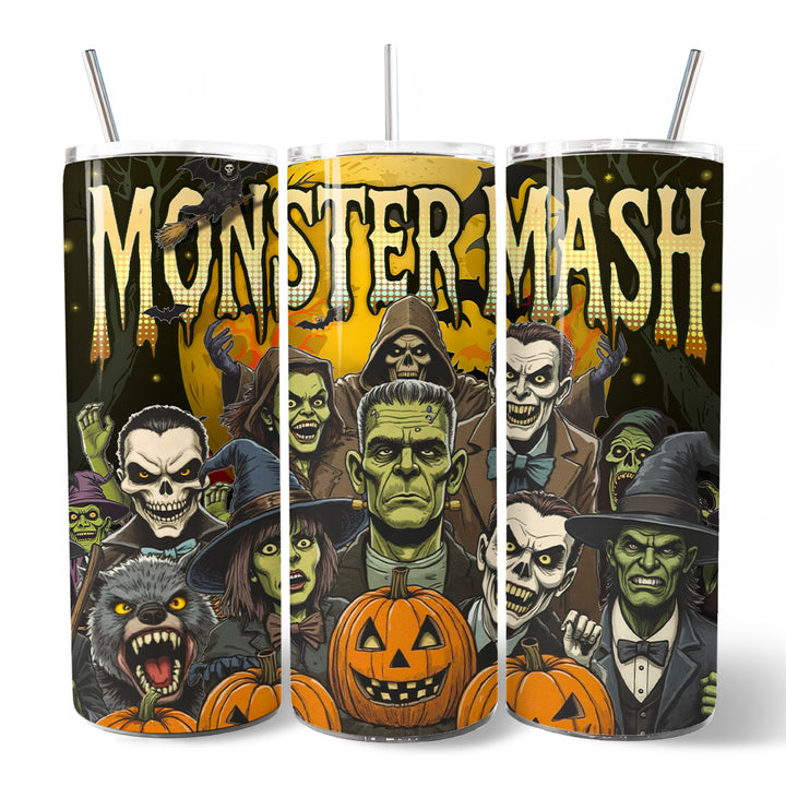 Monster Mash Horror 20oz Personalized Tumbler With Lid and Stainless Steel Straw, Retro Halloween Gift Cup