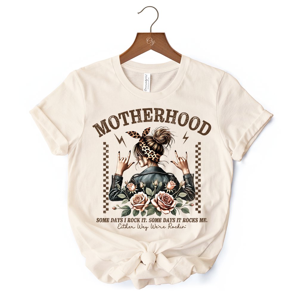 Motherhood Mama Rock T-Shirt, Retro White and Natural Tee for Strong and Rocking Mothers T-Shirts OrnamentallyYou 