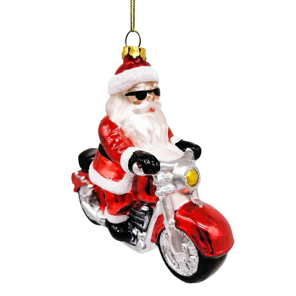 (Pre-Order) Motorcycle Santa Cruising Glass Christmas Ornament, Biker Gift