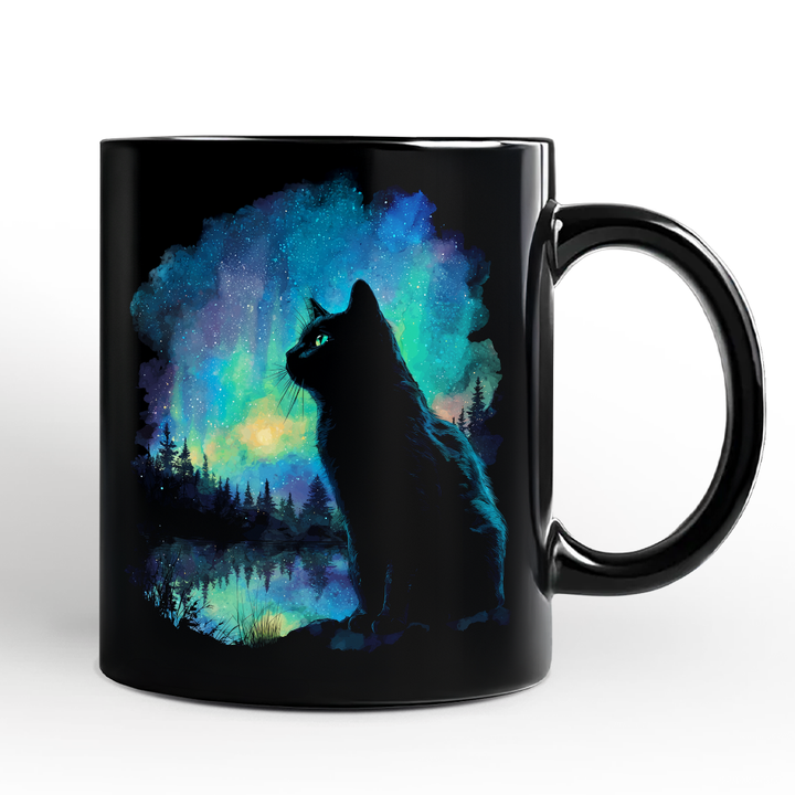 Mystic Aurora Cat Personalized Mug, Northern Lights Feline Gift with Custom Name