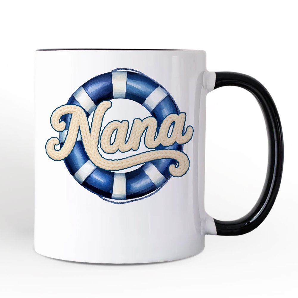 Nana Cruise Personalized Mug, Printed Faux Yarn Vacation Gift with Custom Name Personalized Ceramic Mug OrnamentallyYou Black Handle Non-Custom 