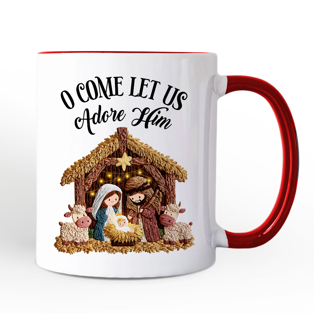 Nativity Holy Family Jesus Christmas Personalized Mug, Imitation Latch Hook Yarn Cozy Christian Gift with Custom Name
