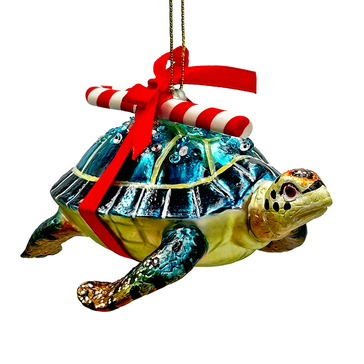 Nautical Gift Wrapped Sea Turtle Glass Christmas Ornament, Tropical Beach Holiday Decor