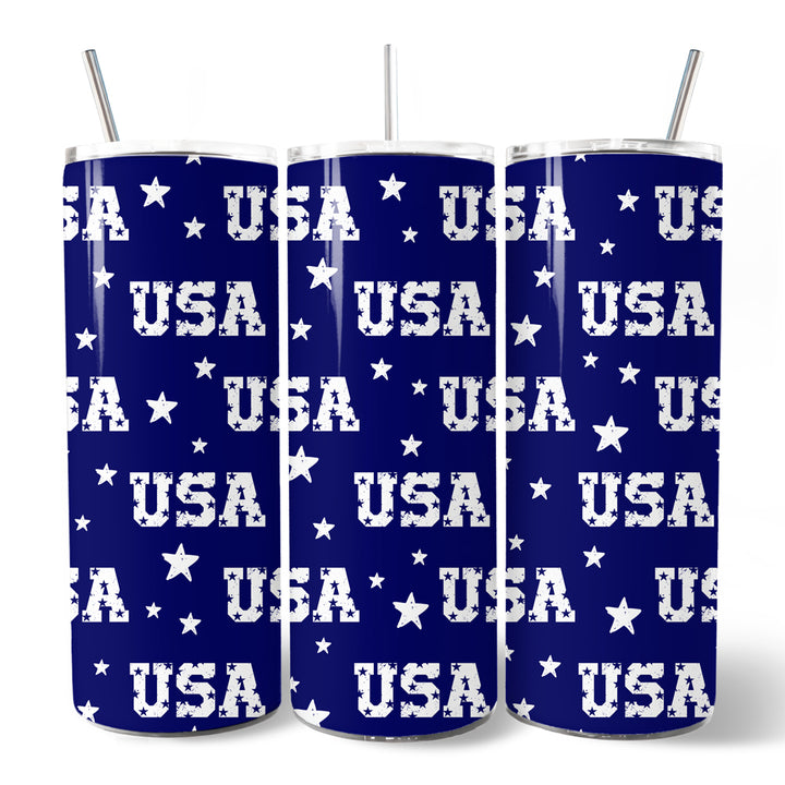 Navy USA Block Letters Pattern 20oz Personalized Tumbler With Lid and Stainless Steel Straw, Vintage Independence Day Patriotic Gift Cup